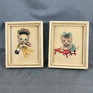 Pair Vtg Kitten Pictures Framed Anthropomorphic Cat Prints 4" x 5"